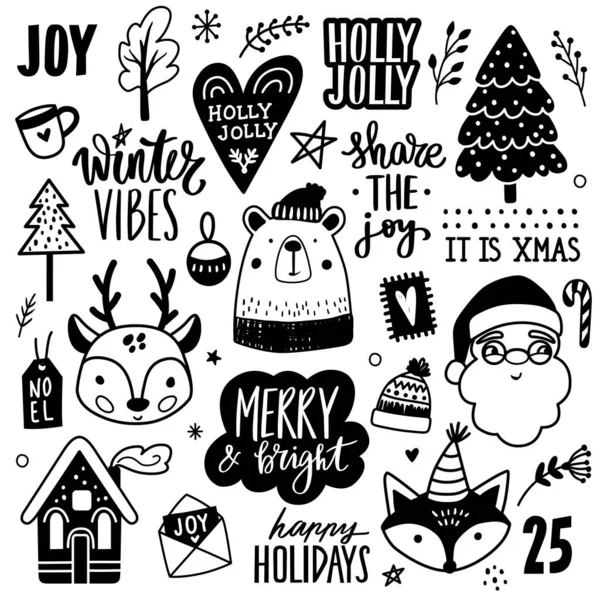 Christmas hand drawn doodle illustration. Xmas, Happy new Year set in sketch style. Santa Claus, cute bear, fox, fawn, lettering. — Stock Vector