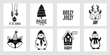 İçinde kardan adam, Noel ağacı, sevimli geyik, penguen, tilki, ev ve harf alıntıları olan Noel afişleri. Mutlu yıllar ve Xmas