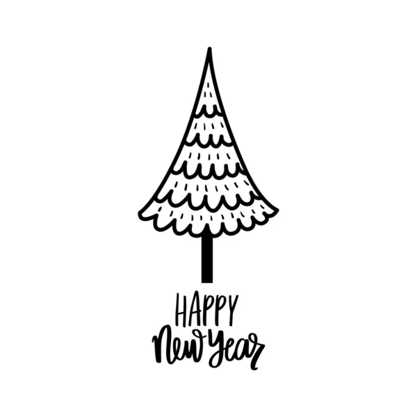 Ilustración del árbol de Navidad Doodle. Felices fiestas inscripción de letras. dibujado a mano Feliz Navidad y Feliz Año Nuevo — Archivo Imágenes Vectoriales