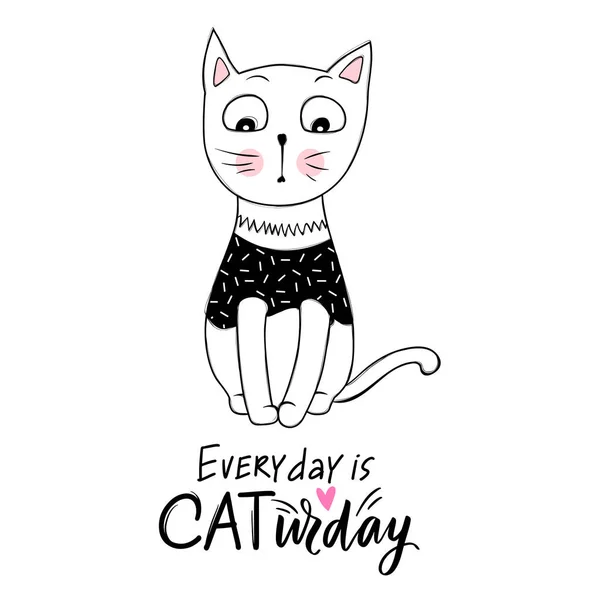 Vektor süße Katze Illustration. Handgezeichnetes stilvolles Kätzchen. Doodle Kitty. Karikatur Tier isoliert auf weiß. Lustiger Charakter. — Stockvektor