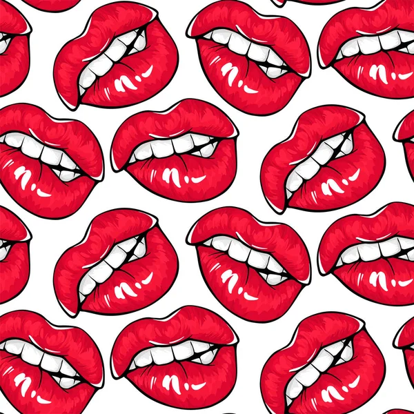Σέξι κόκκινα χείλη χωρίς ραφή μοτίβο. Γυναικείο στόμα με κόκκινο κραγιόν, δαγκωματιά στα χείλη. — Διανυσματικό Αρχείο
