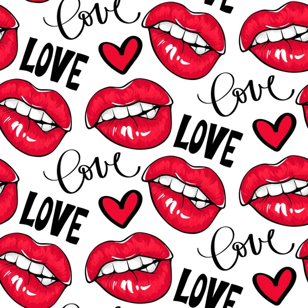 Sexy patrón de labios rojos sin costuras. Boca femenina con lápiz labial rojo y letras de amor. Cosméticos y maquillaje fondo. — Archivo Imágenes Vectoriales