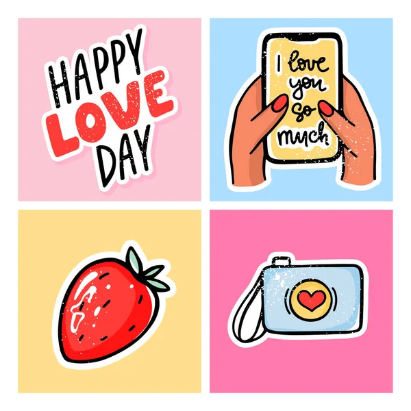 Alla hjärtans dag kort inställda. Hand dras Färgade trendiga illustration. Romantiska vektor affischer med kamera, telefon i hand med kärleksmeddelande, jordgubbe, Happy Love Day — Stock vektor