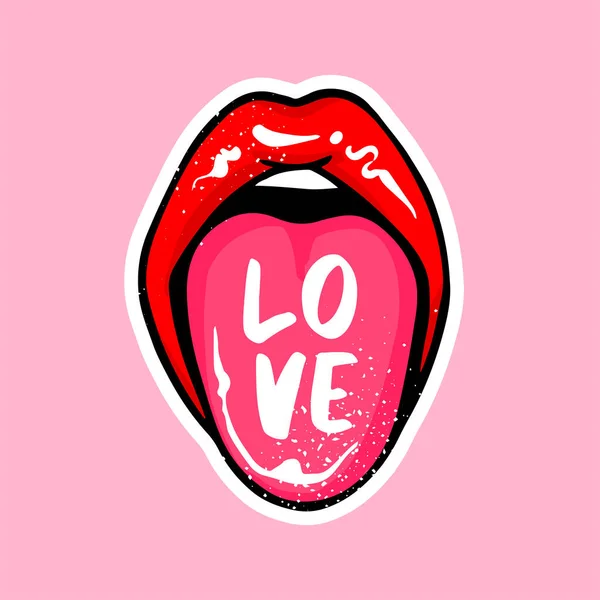 Tongue sticking out with love lettering inscription. Sexy Red lips vector illustration. Female Beautiful mouth — Stock Vector