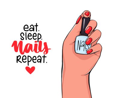 Vektör Güzel kadın elleri tırnak cilası şişesini tutar. Tırnaklar ve manikür hakkında el yazısıyla yazılmış mektuplar. Güzellik salonu için ilham alıntısı