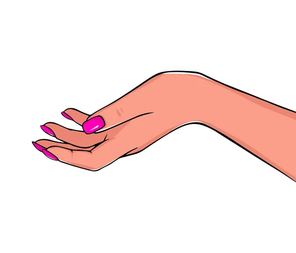 Vector Hermosas manos de mujer con uñas rosas. Elegante manicura femenina de moda. Diseño para salón de belleza — Vector de stock