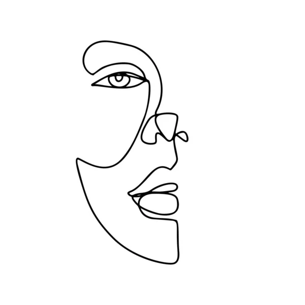 Desenho de linha contínua. Retrato de mulher abstrata. Uma linha rosto arte vetor ilustração. Contorno linear feminino isolado sobre branco. —  Vetores de Stock