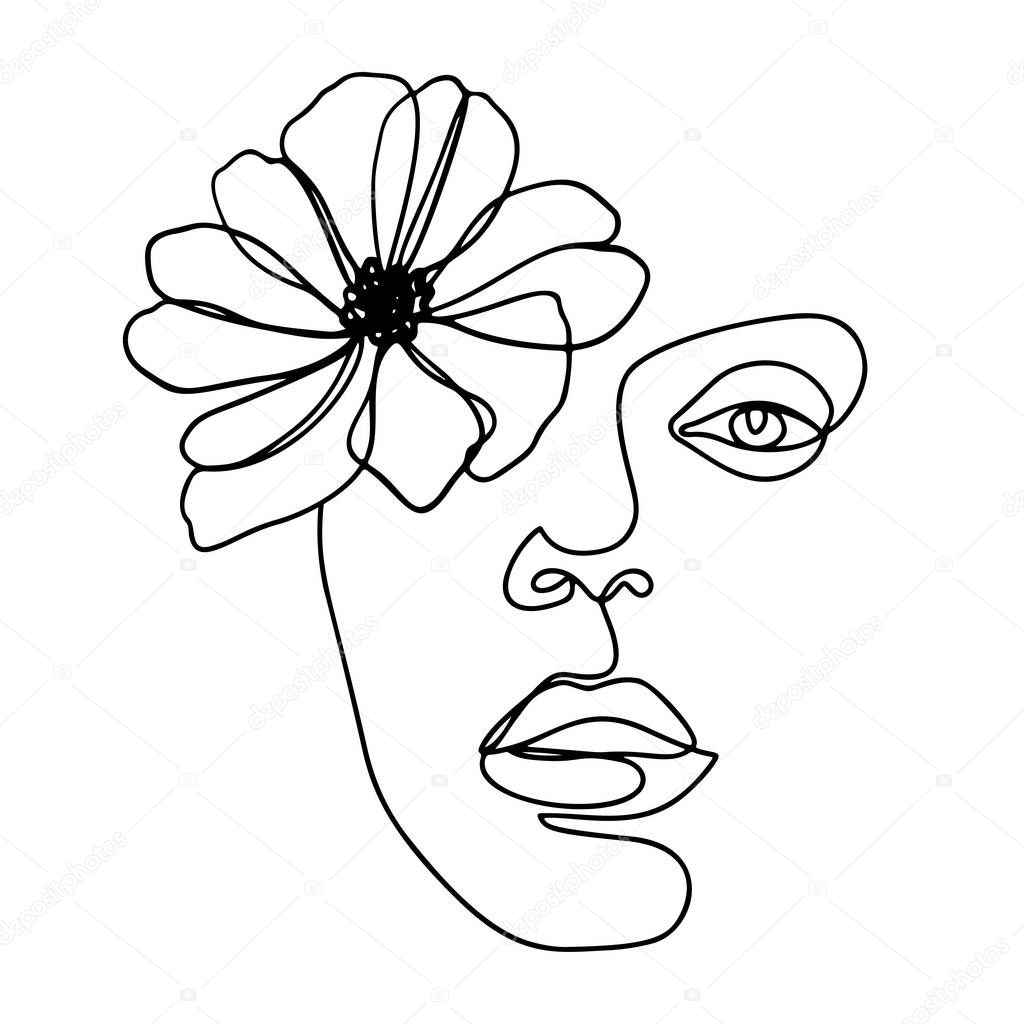 Continuous line drawing. Abstract woman portrait with flower. One line face art vector illustration. Female linear contour isolated on white. Minimal outline silhouette.