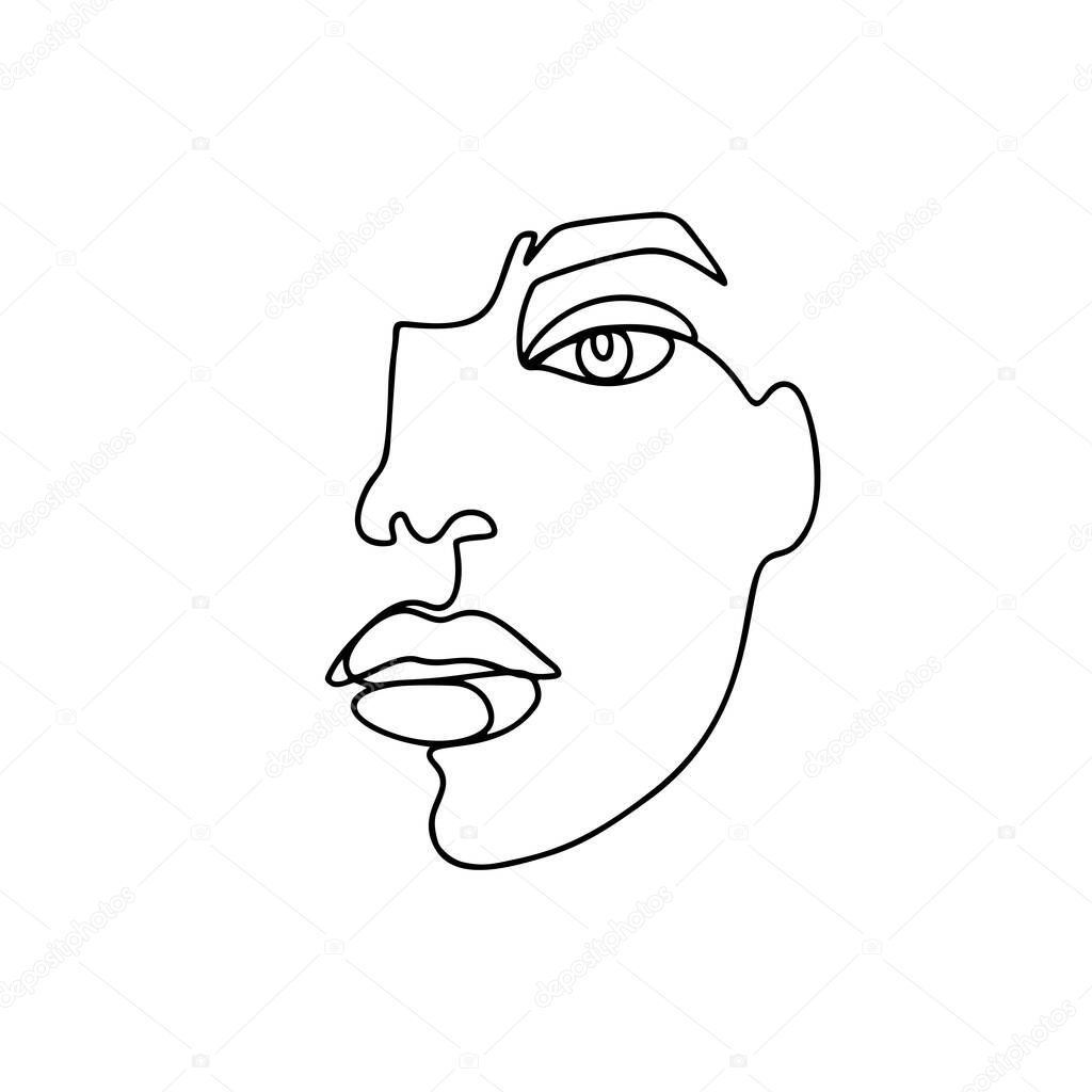 Continuous line drawing. Abstract woman portrait. One line face art vector illustration. Female linear contour isolated on white. Minimal outline silhouette.