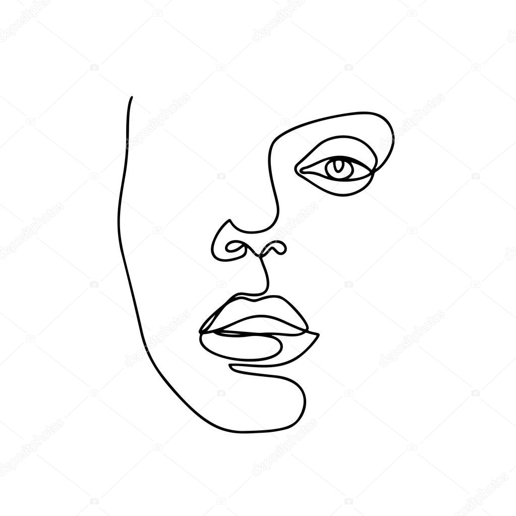 Continuous line drawing. Abstract woman portrait. One line face art vector illustration. Female linear contour isolated on white. Minimal outline silhouette.