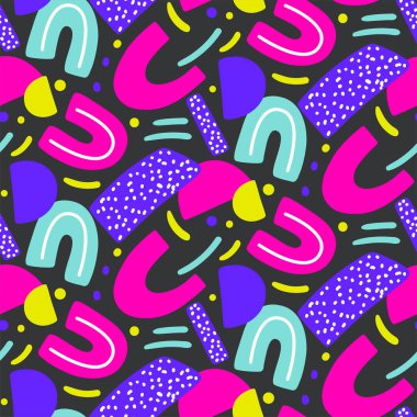Parlak neon şekilli soyut, kusursuz desen. Geometrik şekilli canlı dokular. Modern renkli tekrarlayan baskı. Çağdaş arkaplan.