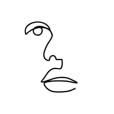 Devamlı çizgi çizimi. Soyut kadın portresi. Tek çizgi sanat vektörü illüstrasyonu. Beyaz üzerinde izole edilmiş doğrusal kadın konturu.