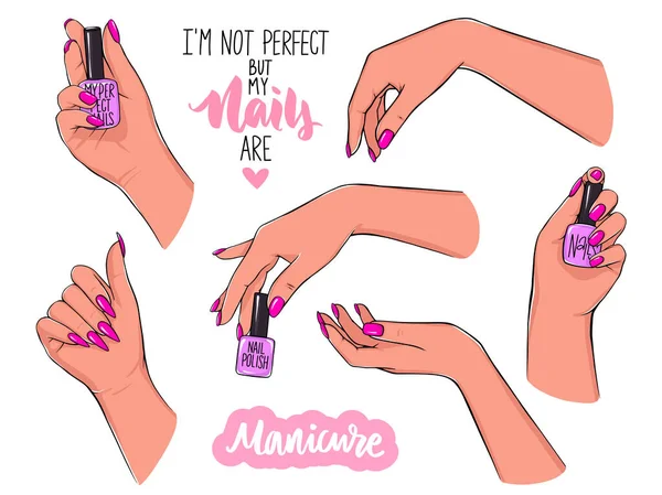 Vector Mooie vrouwelijke handen houdt nagellak fles. Manicure illustraties geïsoleerd op wit. Roze nagels. Ontwerp voor schoonheidssalon — Stockvector