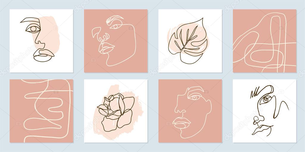 One Line art posters. Abstract female face painting. Woman contour silhouette. Continuous drawing portrait illustration. Contemporary minimalist set. Fashion graphic design. Vector Artwork.