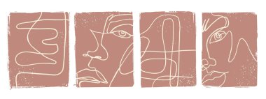 Bir çizgi sanat afişi. Soyut kadın yüz resmi. Kadın silueti. Devamlı resim çizimi. Çağdaş minimalist küme.