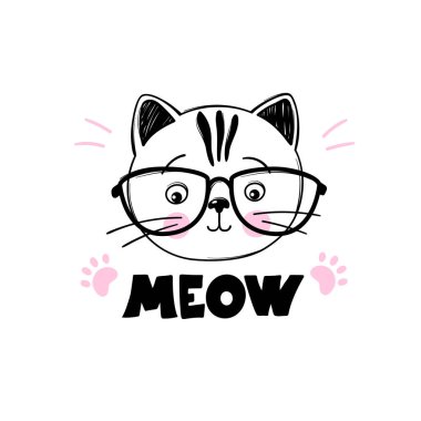 Şirin kedi illüstrasyonu. Miyav harfleri alıntısı. El yapımı kedi yavrusu sanatı. Gözlüklü Doodle Kitty. Karikatür hayvanı beyazda izole edilmiş..
