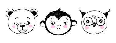Karalama hayvanları baş vektörü ayarlandı. Baykuş, ayı, maymun suratlı robot resim. El çizimi şirin çocuk çizimleri