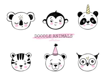 Doodle hayvanları vektör seti. Baykuş, ayı, maymun, panda tek boynuzlu at, kaplan, koala suratlı robot resim. Komik karakterler. El çizimi şirin çocuk çizimleri