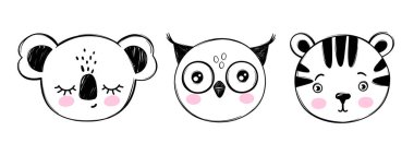Doodle animals head vector set. Owl, koala bear, tiger faces in sketch style. Hand drawn cute childrens illustrations