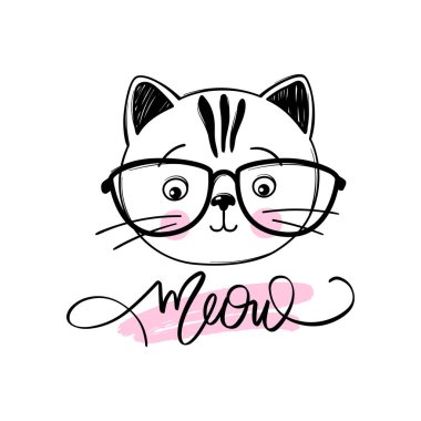 Gözlük vektör illüstrasyonlu miyav kedi. El yapımı şık kedi yavrusu. Doodle Kedicik. Karikatür hayvanı beyazda izole edilmiş..