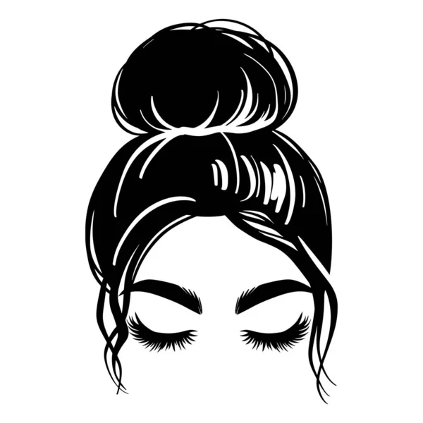 Bun cabelo bagunçado, silhueta mulher vetor. Menina bonita desenho ilustração. Penteado feminino. — Vetor de Stock