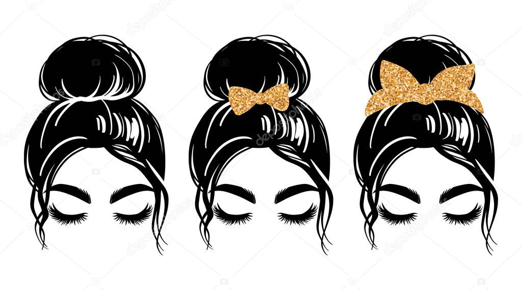 Messy bun with golden glitter bandana or headwrap and hair bow. Vector woman silhouette. Beautiful girl drawing illustration. Female hairstyle.