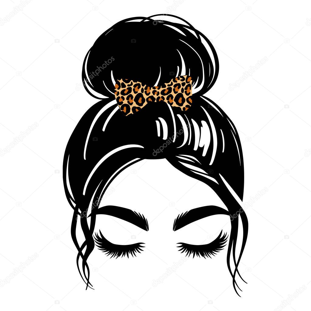 Messy hair bun, vector woman silhouette. Beautiful girl drawing illustration. Female hairstyle. Hair bow with leopard print.