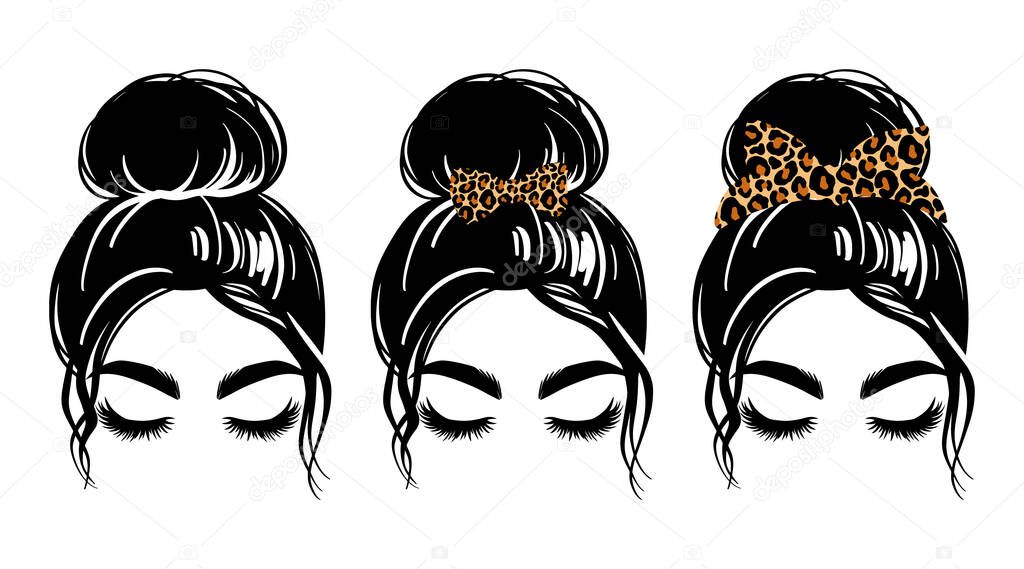 Messy bun with leopard bandana or headwrap and hair bow. Vector woman silhouette. Beautiful girl drawing illustration.