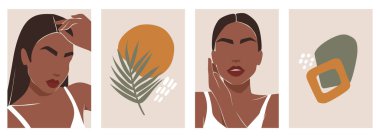 Kadın vücudu olan vektör modern sanat posterleri, kadın portresi, modern şekiller, tropikal yaprak, soyut elementler. Moda illüstrasyonları