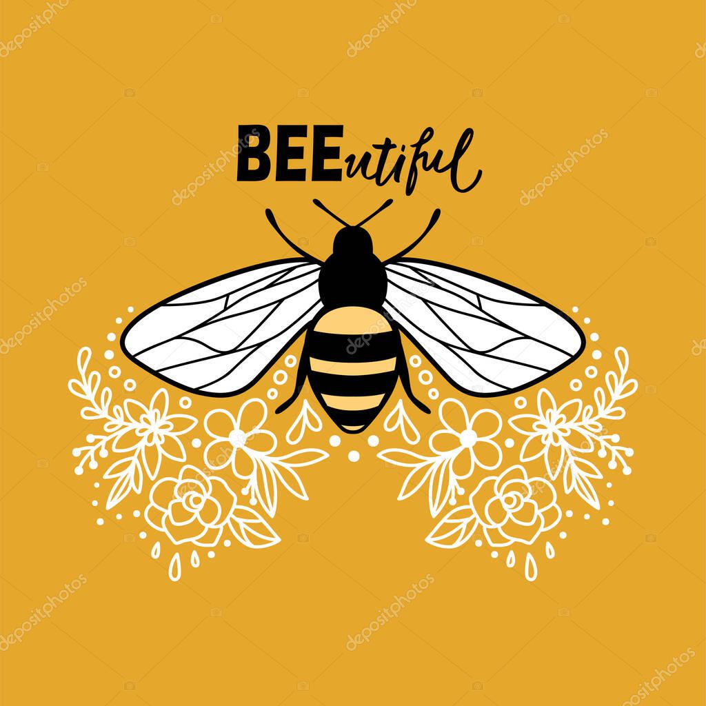 Vector cute bee illustration in flat style. Cartoon flying honey bee character isolated on yellow background. Buzzing insect. Funny and positive quote, pun or phrase.