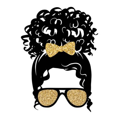 Afro dağınık saç topuzu, havacı gözlükleri, altın parıltılı fiyonk. Vektör kadın silueti. Kadın kıvırcık saç stili.