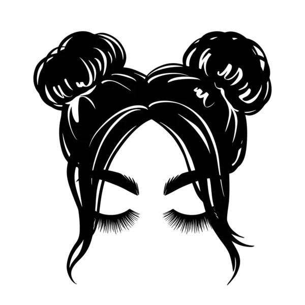 Bun cabelo bagunçado, silhueta mulher vetor. Menina bonita desenho ilustração. Penteado feminino. —  Vetores de Stock