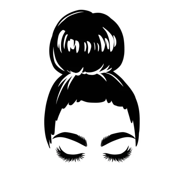 Bun cabelo bagunçado, silhueta mulher vetor. Menina bonita desenho ilustração. Penteado feminino. — Vetor de Stock