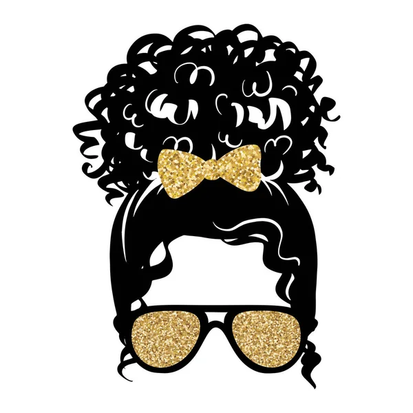 Pain à cheveux Afro désordonné, lunettes aviateur, noeud doré à paillettes. Silhouette de femme vectorielle. Coiffure bouclée féminine. — Image vectorielle