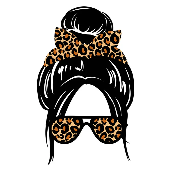 Messy hair bun, aviator glasses, bandana or headwrap with leopard print. Vector woman silhouette. Female hairstyle. — Stock Vector