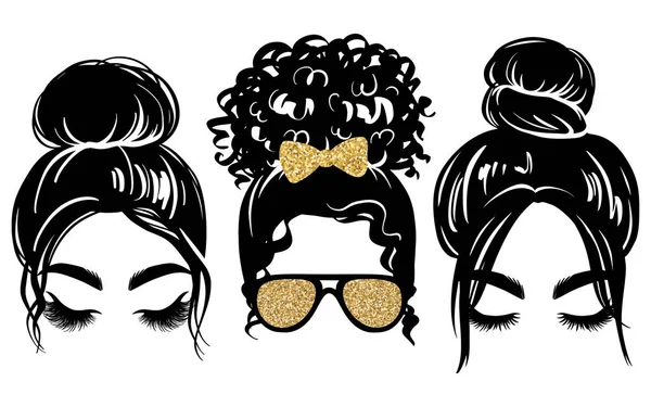 Bollo desordenado con lazo de pelo dorado brillo y gafas de aviador. Silueta de mujer vectorial. Peinado femenino. Largas pestañas negras, ojos cerrados. — Vector de stock