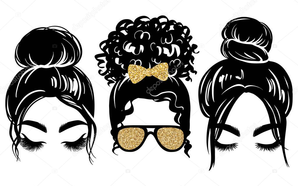 Messy bun with golden glitter hair bow and aviator glasses. Vector woman silhouette. Female hairstyle. Long black lashes, closed eyes.