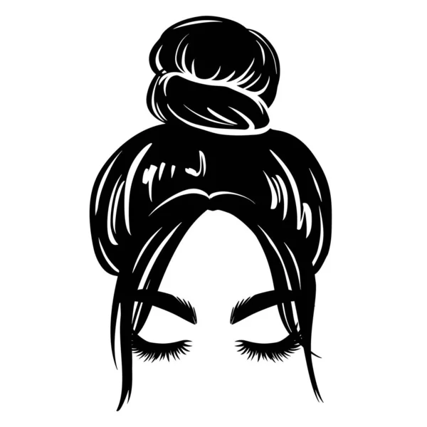 Bollo de pelo desordenado, silueta de mujer vector. Hermosa ilustración de dibujo de chica. Peinado femenino. — Vector de stock