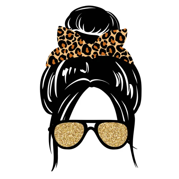 Messy hair bun, aviator glasses, bandana or headwrap with leopard print. Vector woman silhouette. Female hairstyle. — Stock Vector