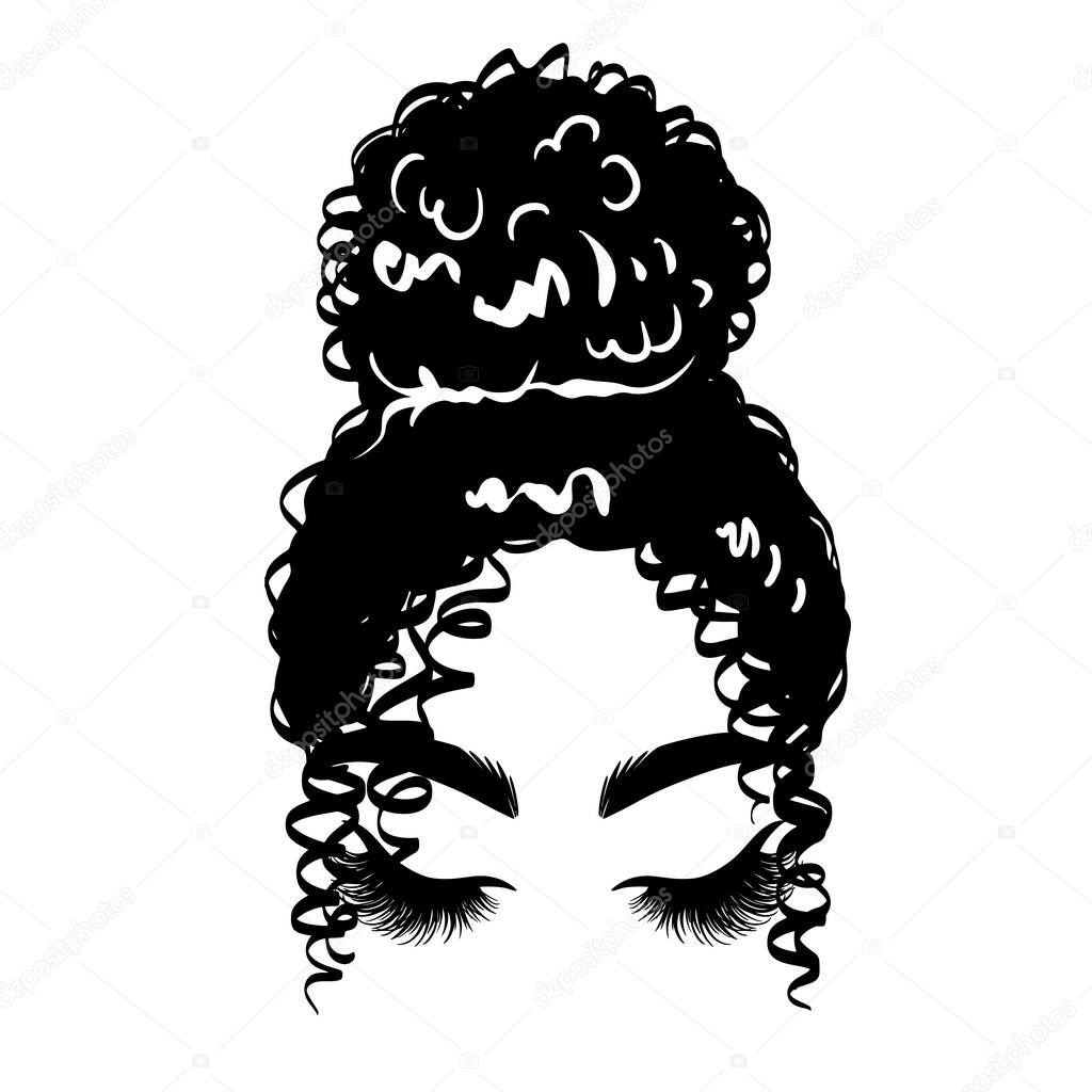 Afro messy hair bun, long black lashes. Vector woman silhouette with Beautiful Eyelashes. Female curly hairstyle.