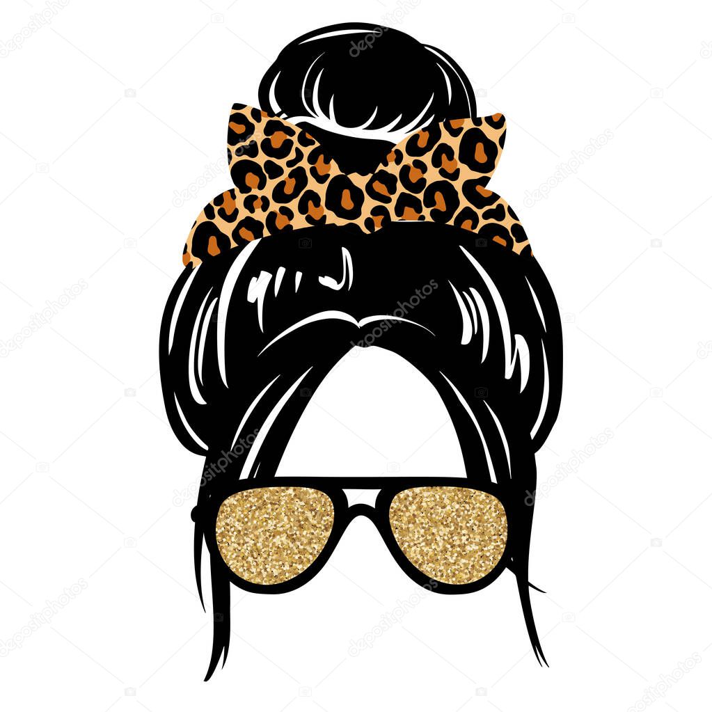 Messy hair bun, aviator glasses, bandana or headwrap with leopard print. Vector woman silhouette. Female hairstyle.