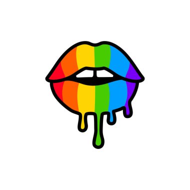 Dudaklarından LGBT gökkuşağı bayrağı damlıyor. LGBTQ topluluğu için düz biçimli vektör tasarımı.
