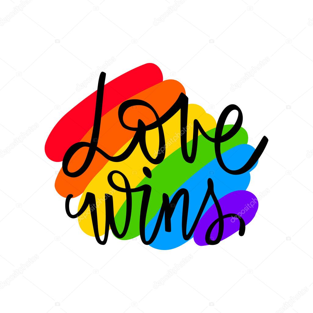 Love wins. Lgbt pride. Gay parade. Rainbow flag. Lgbtq vector quote isolated on a white background.