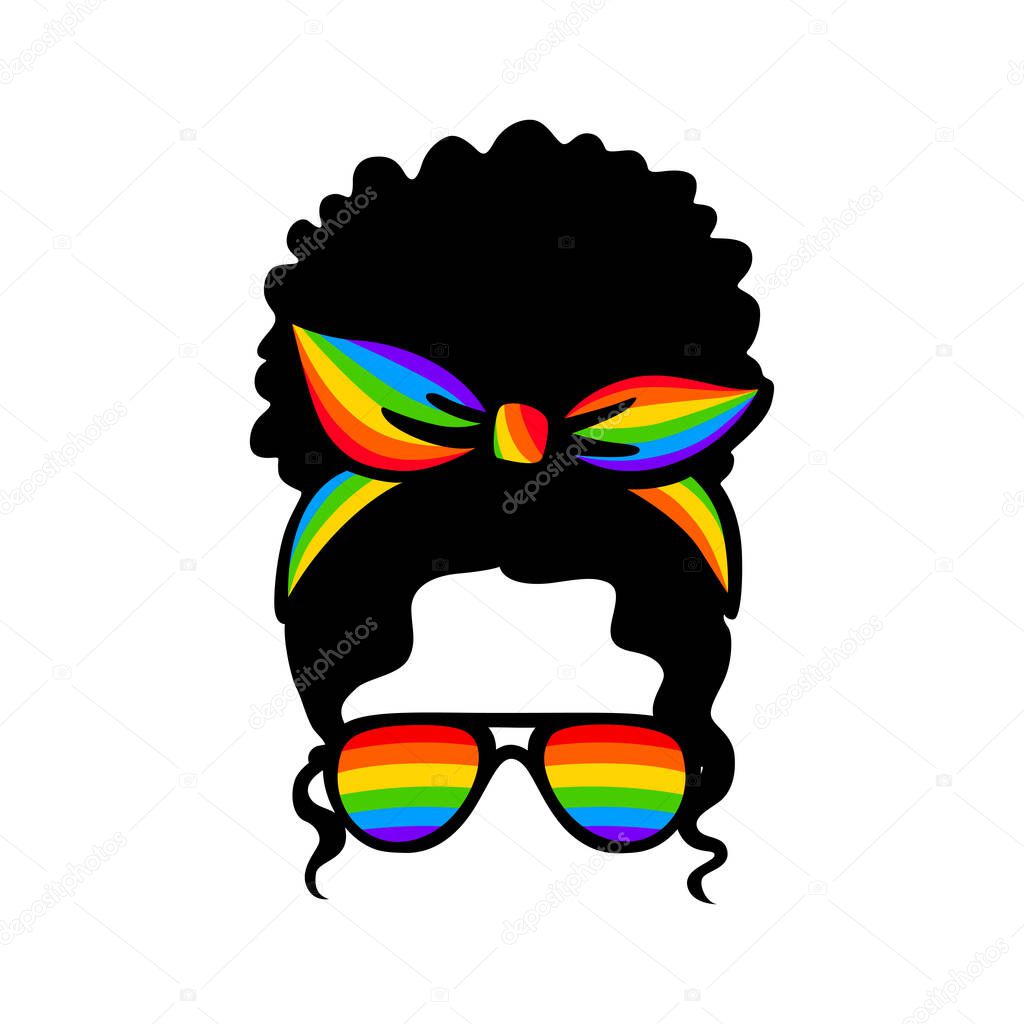 Rainbow sunglasses. Lgbt pride. Gay parade. Lgbtq vector quote isolated on a white background. Lesbian, bisexual, transgender concept. Messy bun.