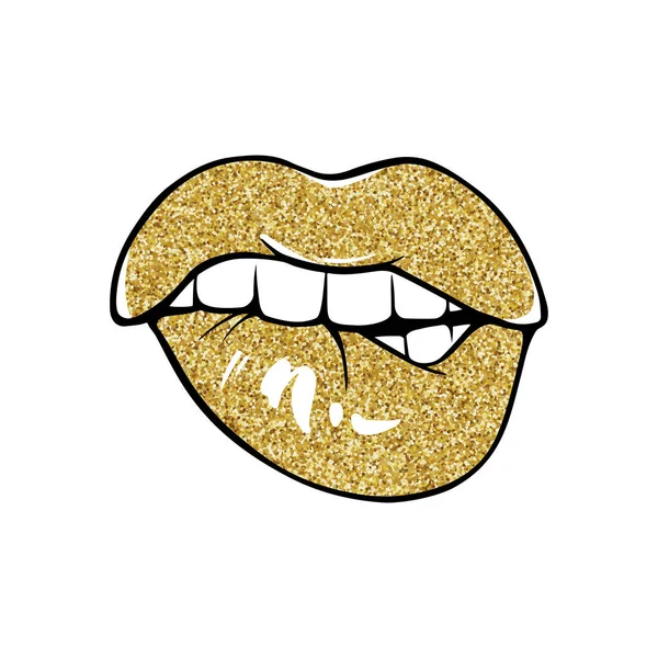 섹시 한 입술에 입술을 깨물어라. 입술을 튀기는 일. 황금색 반짝 이는 립스틱을 바른 암컷 입술. — 스톡 벡터