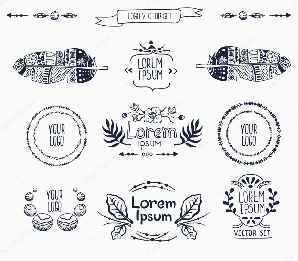 Vector set of floral logo design template, logo branch with ethnic elements and feathers for the invitation, event, wedding (save date), hand drawn sketches. ornament Lorum ipsum. Tropical flowers
