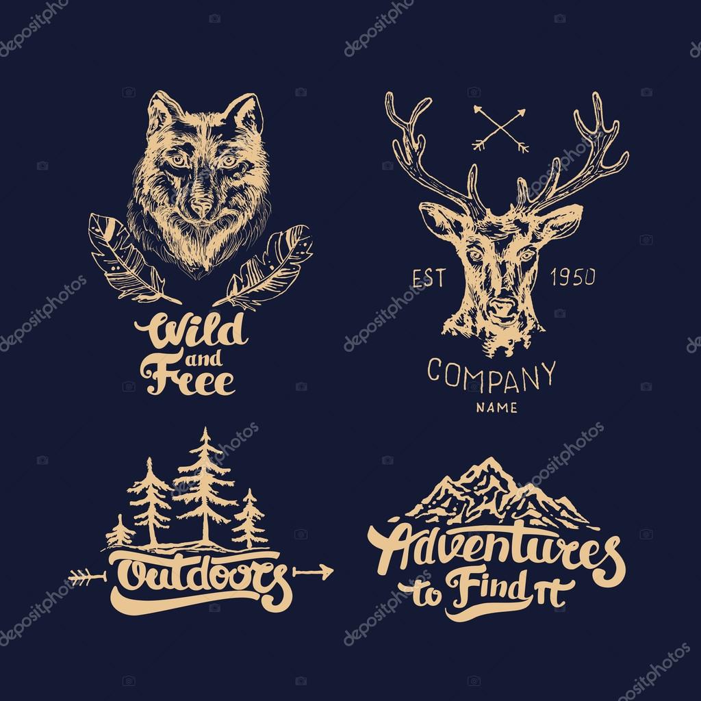 Hand-Drawn logo set. Retro collection of outdoor company, camping, adventure labels. Old style elements, mountain, lettering, ribbon banner