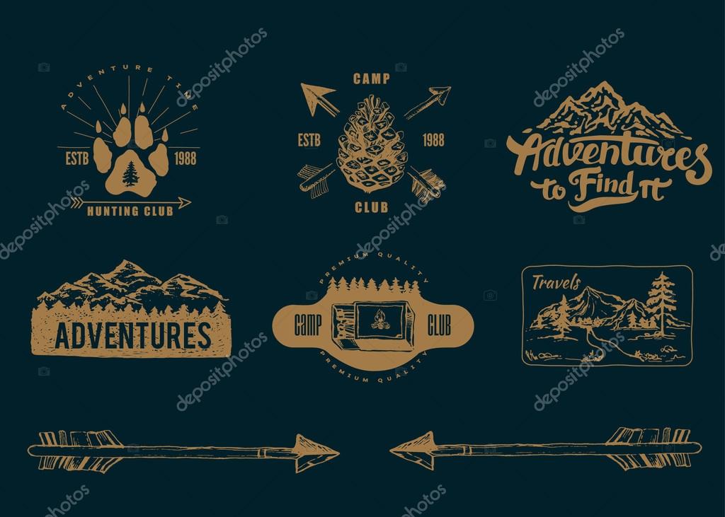Hand-Drawn logo set. Retro collection of outdoor company, camping, adventure labels. Old style elements, mountain, lettering