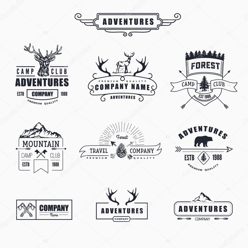Hand-Drawn logo set. Retro collection of outdoor company, camping, adventure labels. Old style elements, mountain, lettering