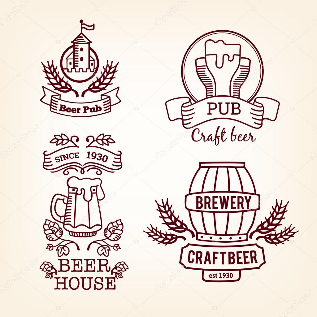 Set of beer labels. Old style elements, logos, logotypes for bar, pub, brewing company, brewery, tavern, beer town, beer house. Logo collection. Vintage banners and vignette design, hand drawn set